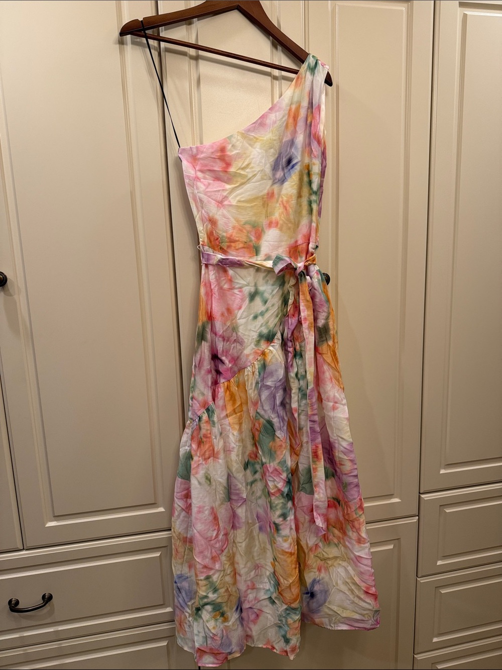 H&M One-Shoulder Floral Midi Dress in White with Multicolor Print